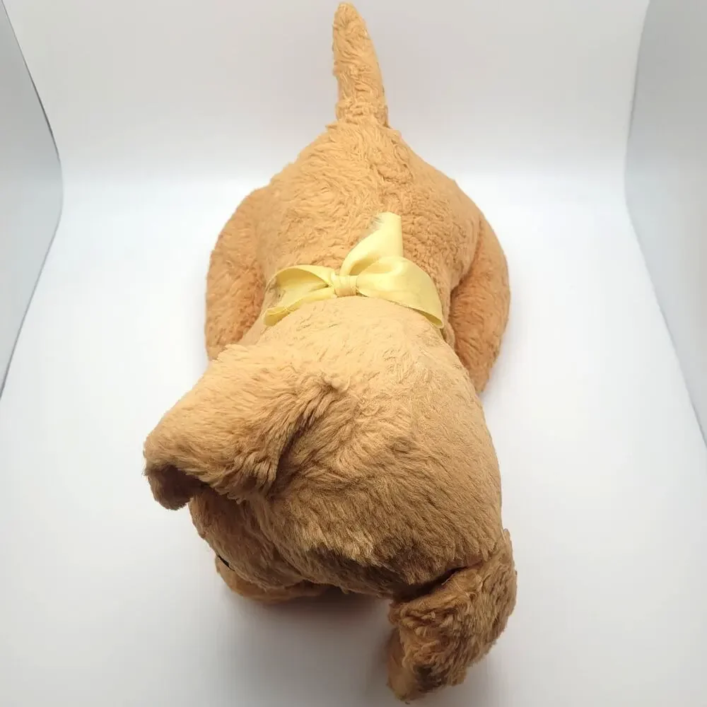 Vintage 1960s Carnival Prize Sleeping Puppy Dog Plush Yellow Ribbon Felt Eyes